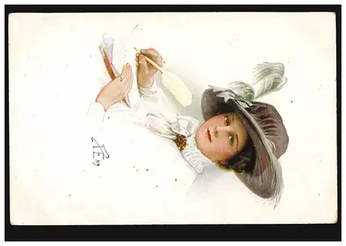 Künstler-AK Peny: Frau um 1910 mit Federkiel beim Schreiben, Feldpost 1.9.1916