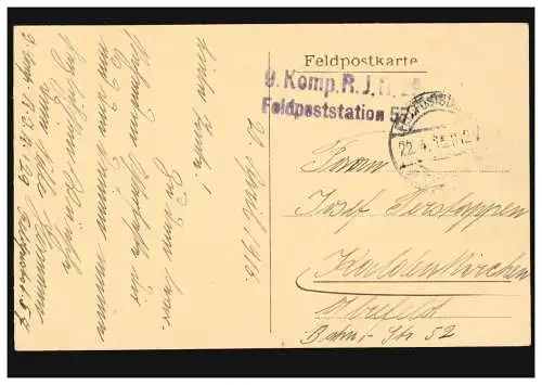 Feldpost BS 9 Komp. R.J.R. 29 Feldpoststation 57 - 22.4.1916, Künstler-AK Kirche