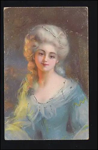 Mode AK Baroque Blonde femme en robe bleue avec la jarretière, DINGOLFING 2.9.1919