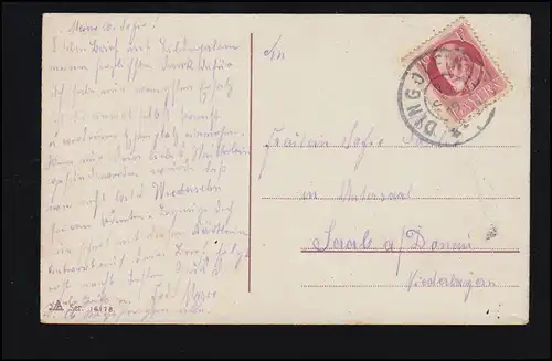 Mode AK Baroque Blonde femme en robe bleue avec la jarretière, DINGOLFING 2.9.1919