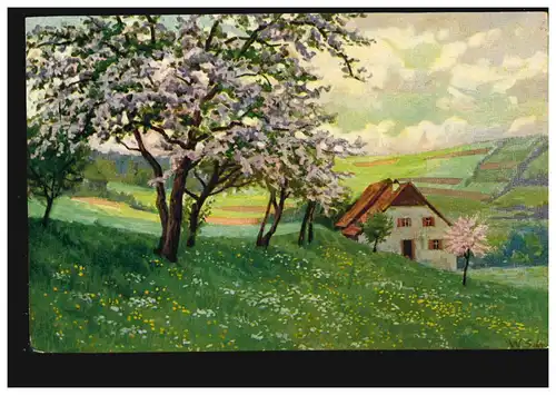 Künstler-AK Frühling im Dorf, Verlag A.H.F. Dresden, ungebraucht