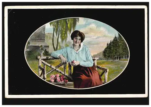 AK artiste femme avec des roses sur le banc dans l'oval, édition L.P., non utilisé