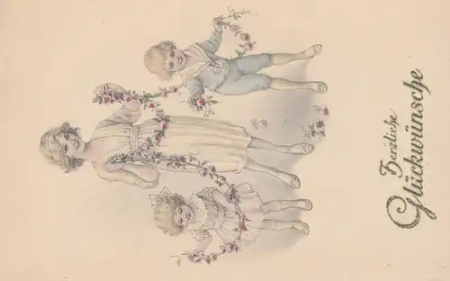 Künstler-AK Glückwünsche Drei blonde Geschwister mit Blumengirlande, ungebaucht