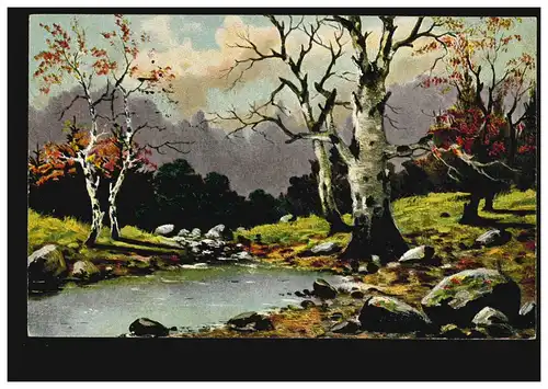 Künstler-AK Birkenwald mit Teich, Verlag R.&.K.L., NEUKÖLLN 27.2.1920  