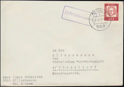 Landpost-Stempel 5591 Gillenbeuren auf Brief COCHEM 14.8.1963 nach Düsseldorf