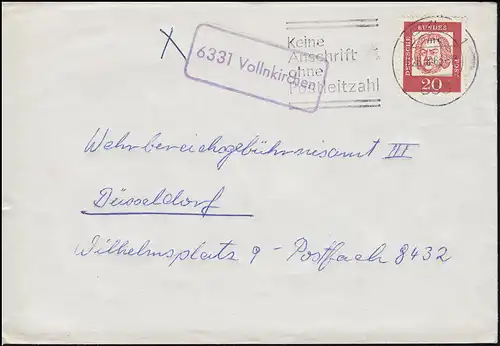 Temple de la poste de campagne 6331 Vollnkirchen sur lettre WETZLAR 26.8.1963