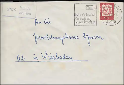 Temple de la poste de campagne 3579 Hundshausen sur lettre TREYSA 4.2.1963
