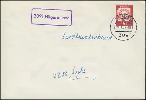 Temple de la poste de campagne 3091 Hilgermeisse sur lettre VERDE 9.11.1963