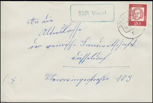 Landpost-Stempel 5201 Vinxel auf Brief SIEGBURG 14.8.1963