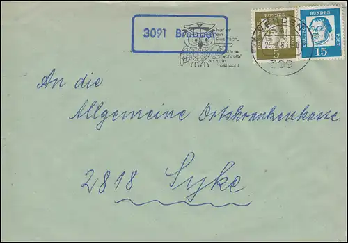 Landpost-Stempel 3091 Brebber auf Brief VERDEN 25.9.1963