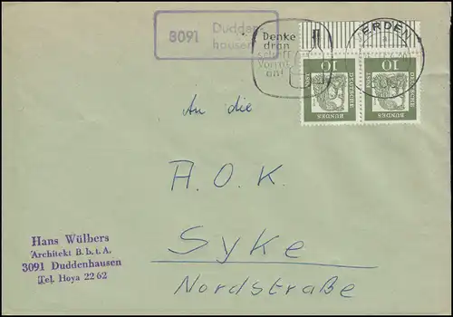 Temple de la poste de campagne 3091 Duddenhausen sur lettre VERDE 25.11.1963