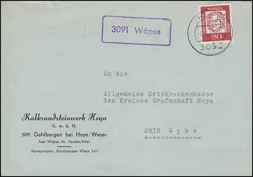 Landpost-Stempel 3091 Wöpse auf Brief HOYA 6.11.1963