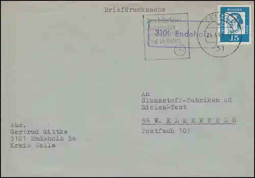 Landpost-Stempel 3101 Endeholz auf Briefdrucksache CELLE 24.4.1963