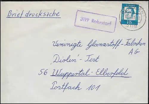 Landpost-Stempel 3119 Rohrstorf auf Briefdrucksache BEVENSEN 24.4.1963