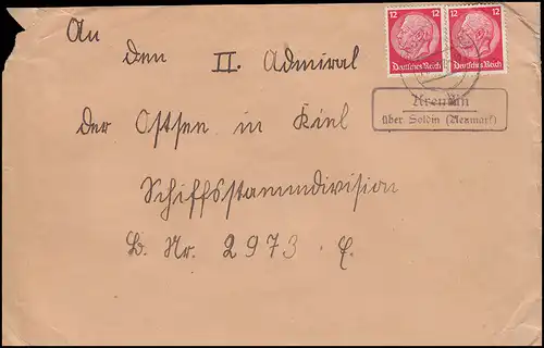 Landpost-Stempel Kremlin über SOLDIN (NEUMARK) 14.3.1937 auf Brief