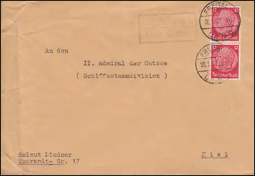 Le temple de la poste de Landpost de Grosse-Pice sur FREITAL (LAND) 20.1.1937 sur lettre à Kiel-Wik