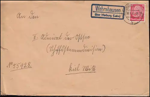 Landpost-Stempel Wehrshausen über MARBURG (LAHN) 18.1.1937