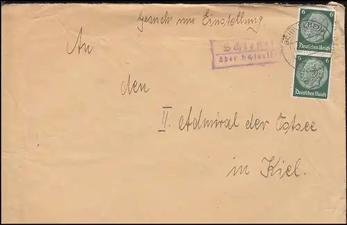 Landpost-Stempel Schlenzig über SCHIVELBEIN 1938 auf Brief nach Kiel-Wik