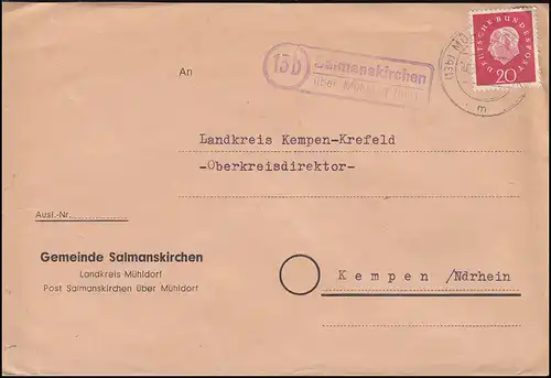 Landpost-Stempel Salmanskirchen über MÜHLDORF (INN) 10.5.1961 nach Kempen