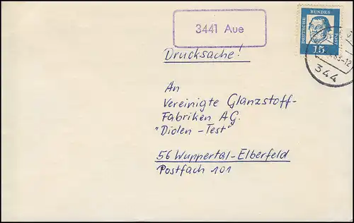 Landpost-Stempel 3441 Aue auf Drucksache ESCHWEGE 25.4.1963