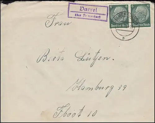 Landpost-Stempel Varrel über DELMENHORST 26.8.1938 auf Brief nach Hamburg