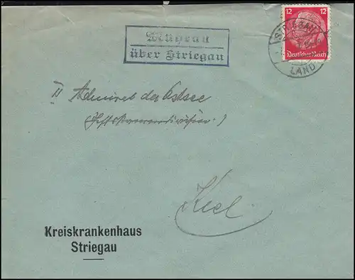Temple de la poste de Land-post Muhrau sur STRIEGAU LAND 7.1.1937 sur lettre à Kiel
