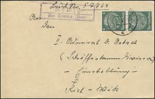 Landpost-Stempel Nemitz über CAMMIN (POMMERN) 8.2.1937 auf Brief