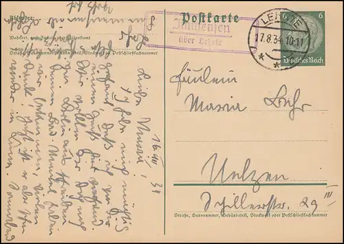 Landpost-Stempel Immensen über LEHRTE 17.8.1934 auf Postkarte P 226I