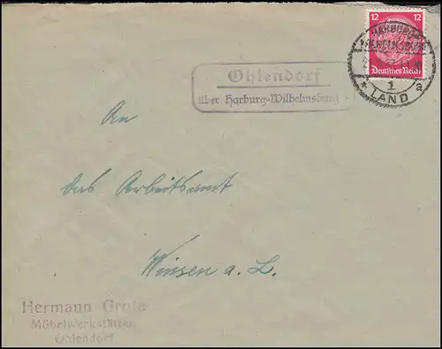 Landpost-Stempel Ohlendorf über HARBURG-WILHELMSBURG 1a LAND 21.1.1937 auf Brief