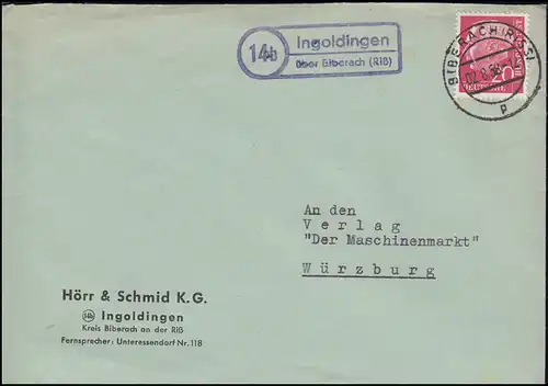 Le temple d'Ingoldingen sur la BIBERACH (RISS) 2.8.1958 sur lettre