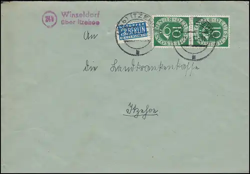 Templier de la poste de campagne Winseldorf sur SITZEHOE 15.8.1952 sur lettre avec marque de secours