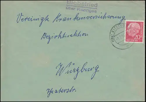 Le temple de Biebelried sur KITZINGEN 1.7.1958 sur lettre à Würzburg