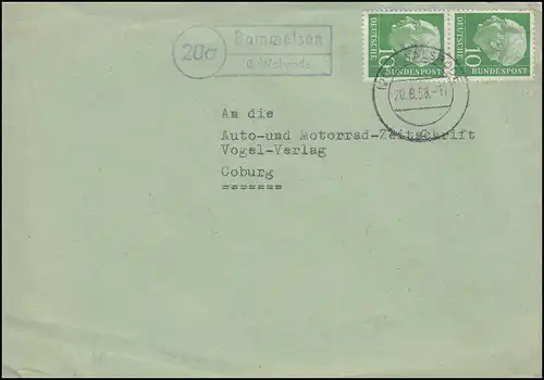 Le temple de la poste de campagne de Bommelsen sur WALSRODE 20.8.1958 sur lettre à Coburg