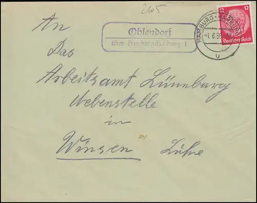 Le temple de Landpost Ohlendorf sur HAMBURG-HARBURG 1.6.1938 sur lettre à Winsen