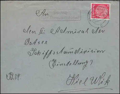 Temple de la poste de campagne Samitz sur HAYNAU (CHLÉSIE) 23.2.1937 sur lettre à Kiel