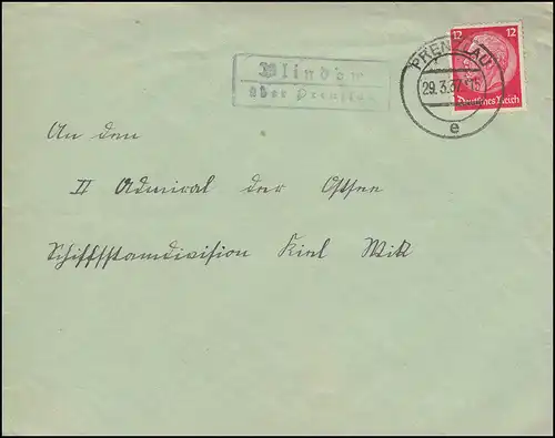 Landpost-Stempel Blindow über PRENZLAU 29.3.1937 auf Brief nach Kiel-Wik