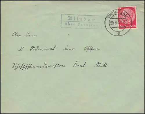 Templier de campagne Blindow sur PRENZLAU 29.3.1937 sur lettre à Kiel-Wik