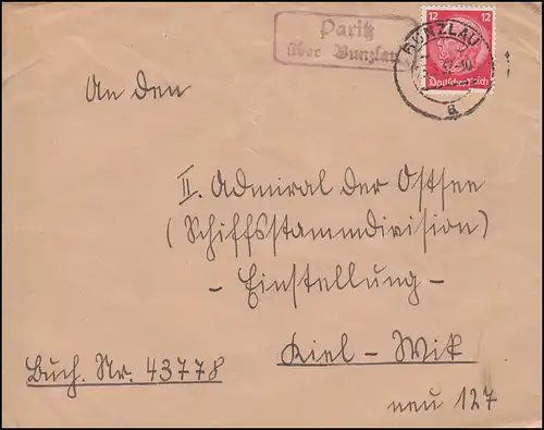 Le temple de la poste de campagne Paritz sur BUNZLAU 23.3.1937 sur lettre