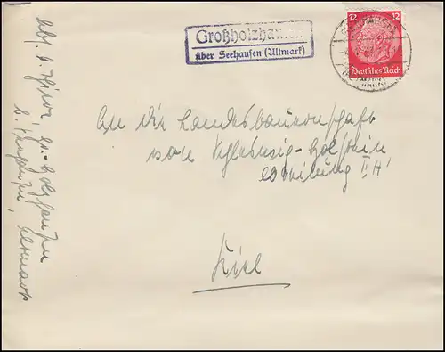Templier de la poste de Landpost Grossholzhausen sur Seehaussen (ALTMARK) 4.1.1937 sur lettre
