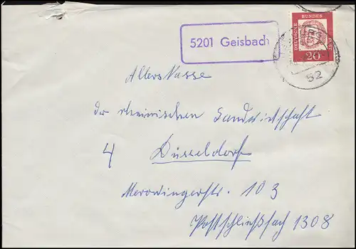 Temple de la poste de campagne 5201 Geisbach sur lettre SIEBOURG 15.8.1963