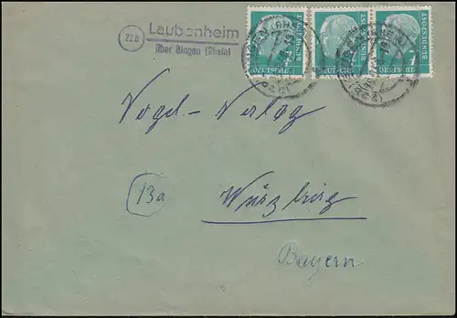 Landpost-Stempel Laubenheim über BINGEN (RHEIN) 29.8.1956 auf Brief n. Würzburg