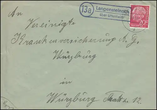 Landpost-Stempel Langensteinach sur UFFENHEIM 23.6.1958 sur lettre à Würzburg