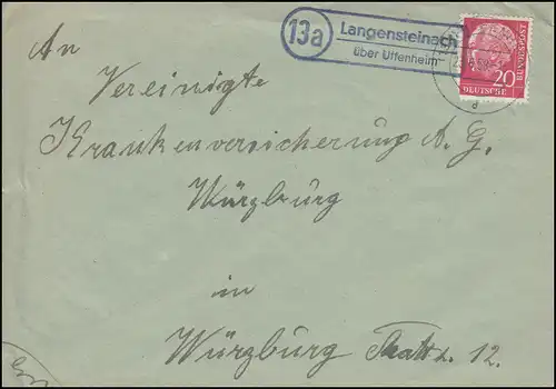 Landpost-Stempel Langensteinach über UFFENHEIM 23.6.1958 auf Brief nach Würzburg