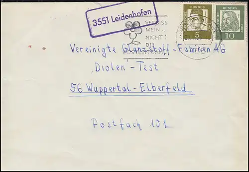 Le temple de Landpost 3551 Leydehofen sur l'impression MARBURG a.d. LAHN 28.4.1963