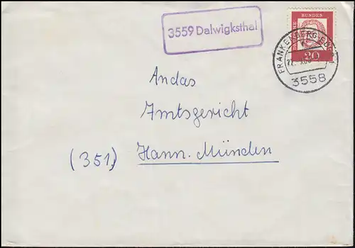 Landpost-Stempel 3559 Dalwigksthal auf Brief FRANKENBERG-EDER 1 - 22.9.1963