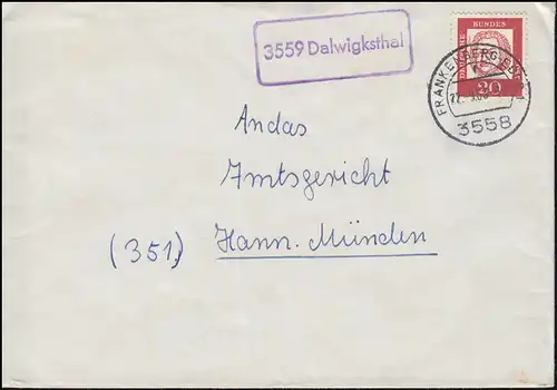 Temple de la poste de campagne 3559 Dalwigksthal sur lettre FRANKENBERG-ESER 1 - 22.9.1963