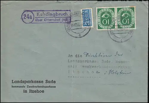 Landpost-Stempel Kehdingbruch über OTTERNDORF (NIEDERELBE) 30.12.1953 auf Brief