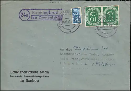 Temple de la poste de campagne Kehdingschrif sur OTTERNDORF (NIDERELBE) 30.12.1953 sur lettre