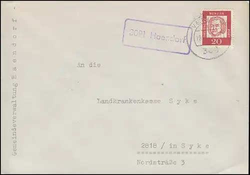 Temple de la poste de campagne 3091 Haendorf sur lettre VERDE 19.10.1963