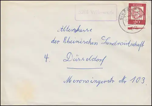 Landpost-Stempel 5201 Willmeroth auf Brief SIEGBURG 13.8.1963 nach Düsseldorf